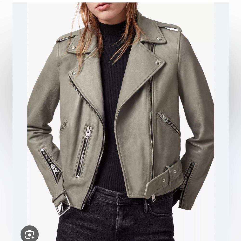 All Saints Balfern Leather Biker Jacket, Sage Green, 4